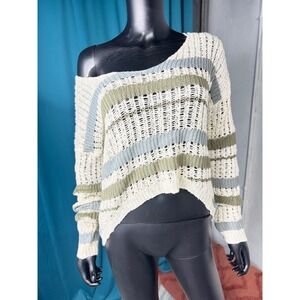Freshman Knit Sweater Striped V Neck Crop Top Open Weave‎ Beige Green Blue M